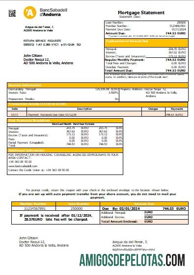 Andorra BancSabadell D’Andorra Bank Extrato de hipoteca Scr modelo